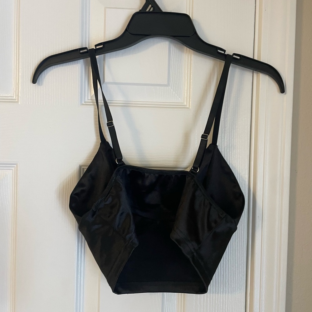 Black Satin Crop Top Adjustable Spaghetti Straps Open Back Double Lined Cups - Picture 2 of 3